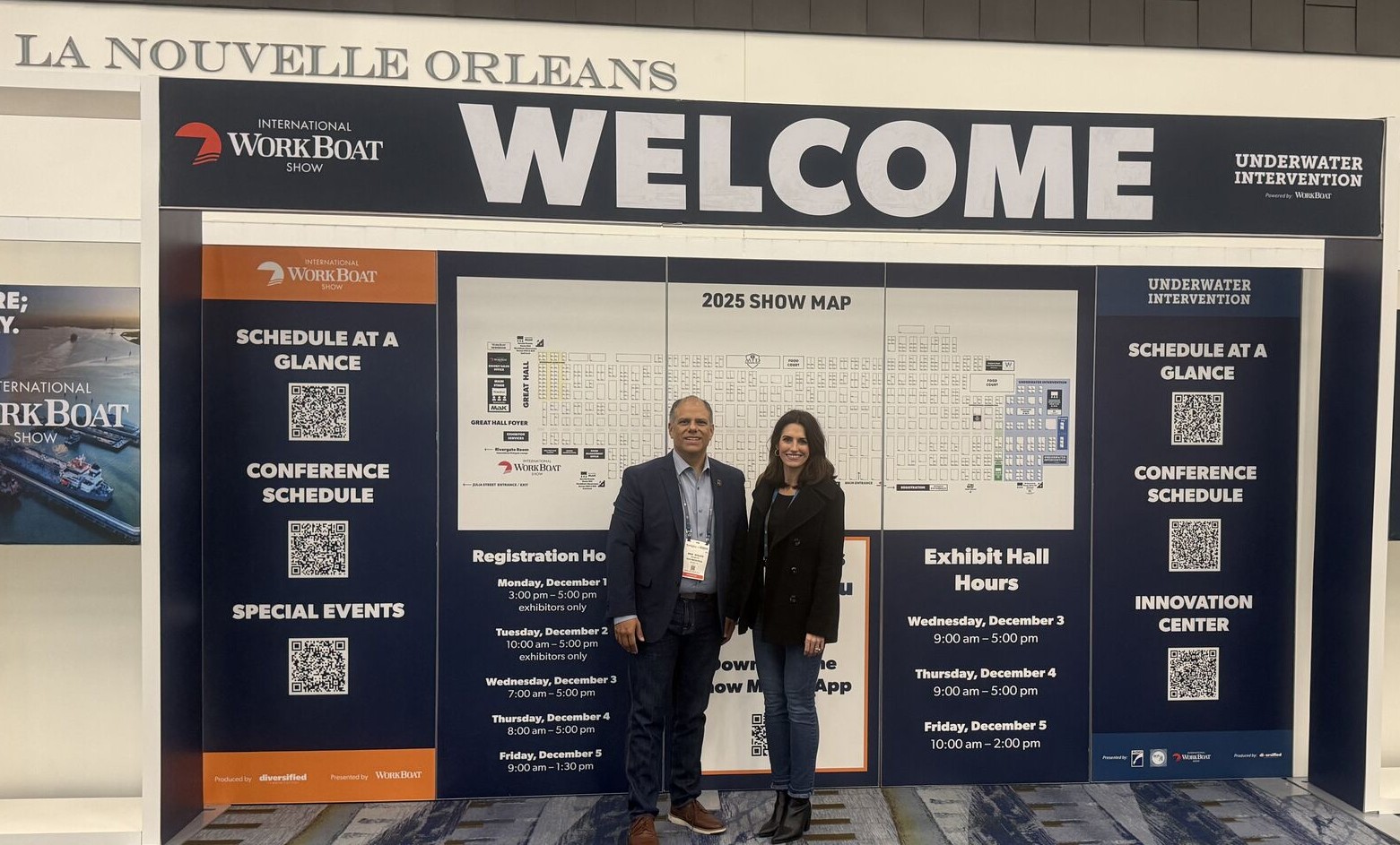 GCS and Knomatic team at the 2025 International WorkBoat Show welcome display in New Orleans