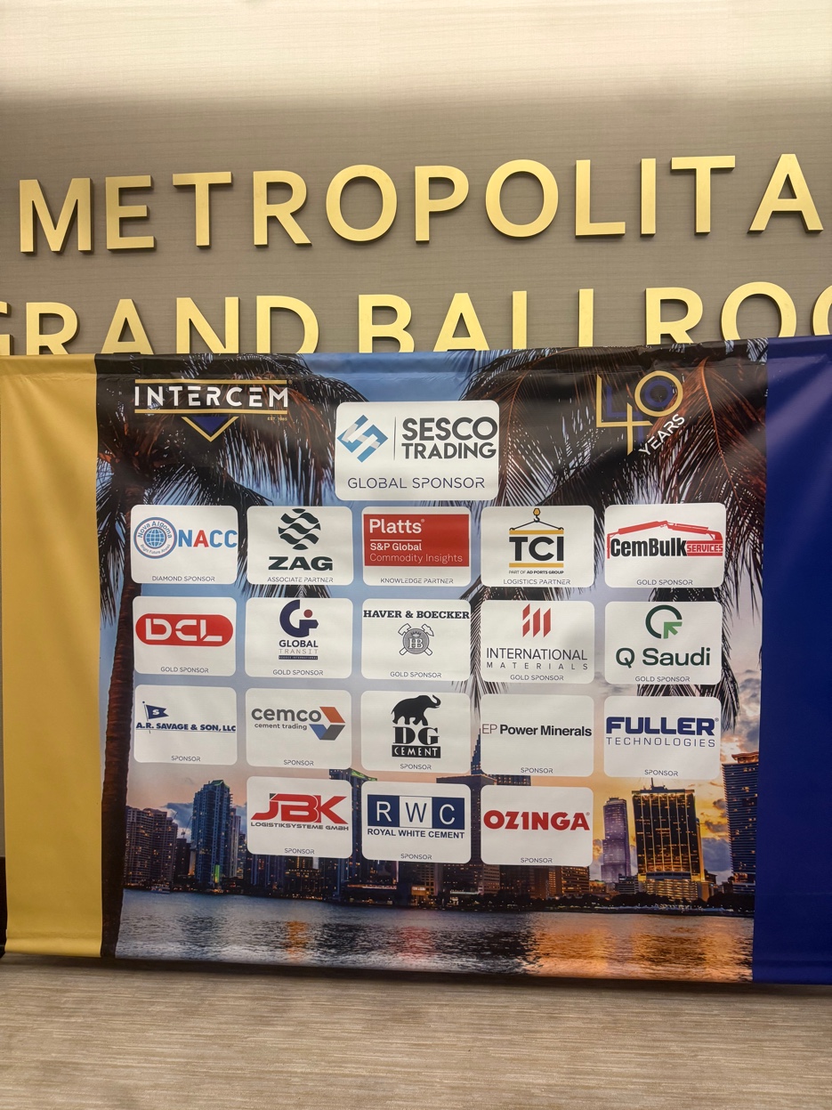 INTERCEM Americas 40th anniversary sponsor backdrop — Metropolitan Grand Ballroom, JW Marriott Miami, showing global cement industry sponsors